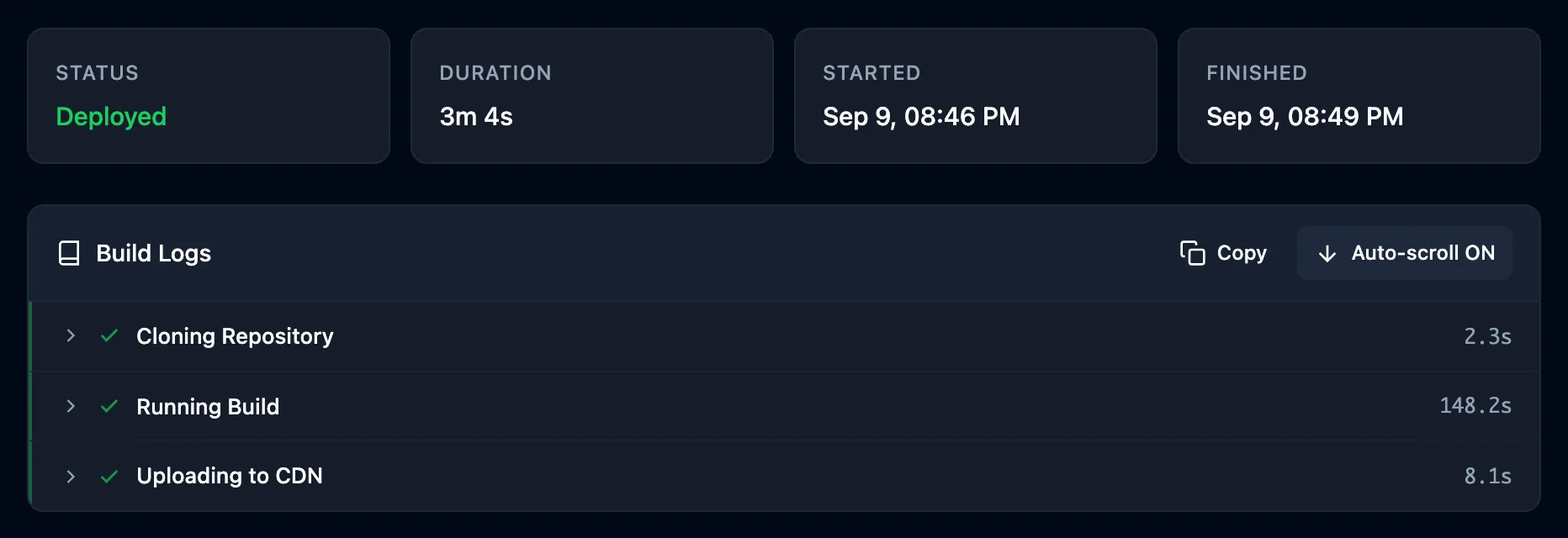 A finished deployment: status Deployed, duration 3m 4s, and a staged build log — Cloning Repository 2.3s, Running Build 148.2s, Uploading to CDN 8.1s.