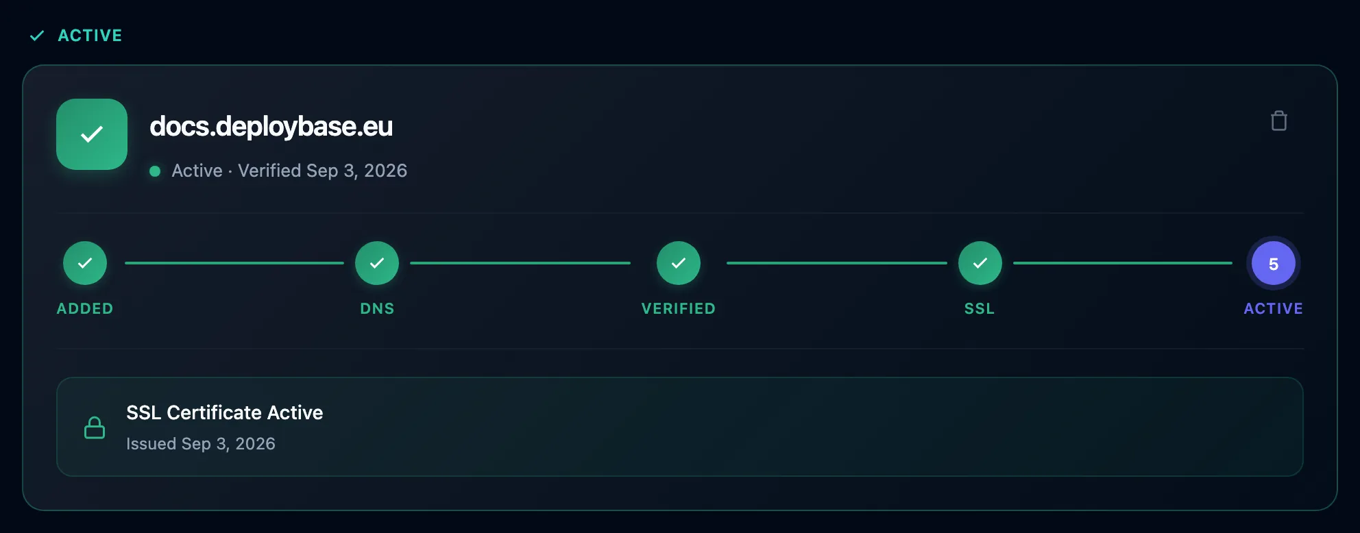 A custom domain at every stage complete — added, DNS, verified, SSL, active — with an issued certificate.